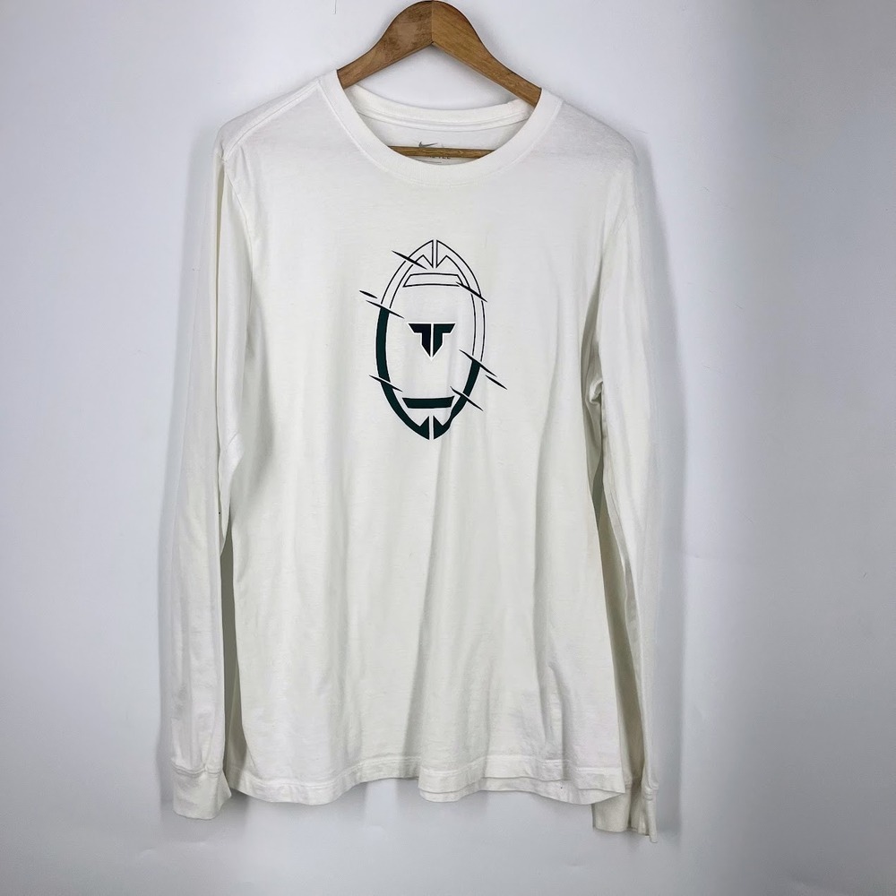 Nike Mens Long Sleeve Graphic Football Tee White Large Cotton Crew Neck Shirt